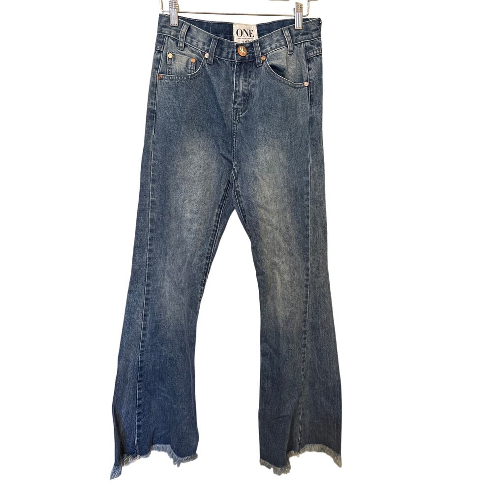 One Teaspoon Sz 26 Wide Flare Leg Bell Bottom High Rise Western Retro Blue Jeans